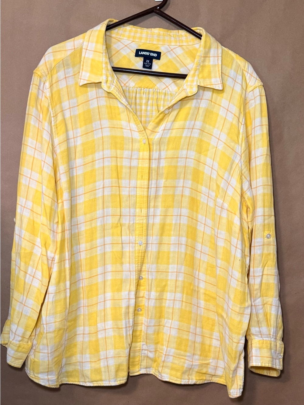 Lands' End Yellow White Plaid Roll Tab Long Sleeve Button Down Shirt